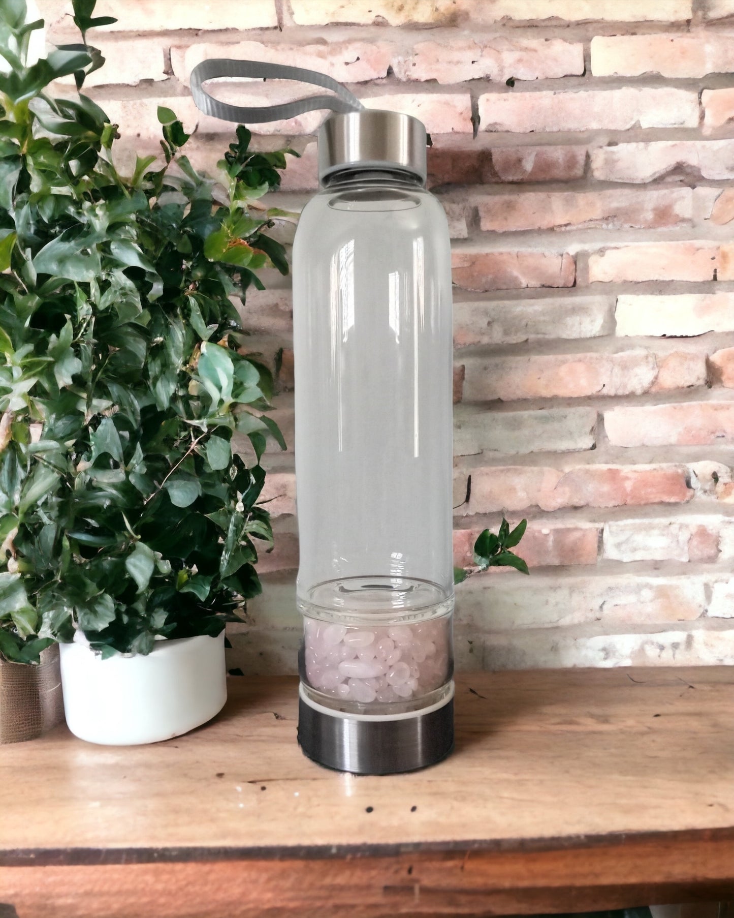 Crystal Infused Glass Water Bottle (Rose Quartz)